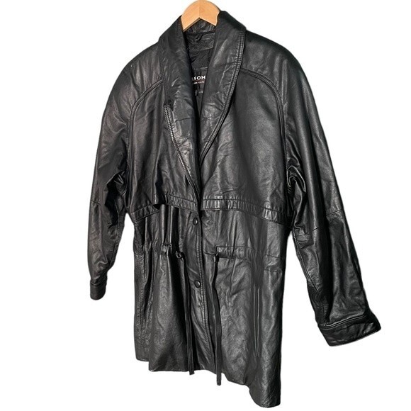 Vintage 90s Wilsons Leather Black Drawstring Anorak Jacket Women’s Size Medium - Picture 5 of 10